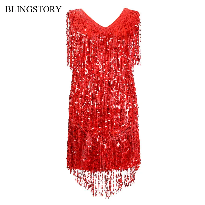 

BLINGSTORY Europe Elegant Gorgeous Beading Tassels Sequins Women Dancing Party Red Dress KR4007-4