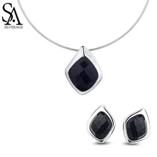 SA SILVERAGE 925 пробы Серебряный ромб форма кулон колье серьги гвоздики Свадебные кольца комплект ювелирных изделий для женщин черный цвет