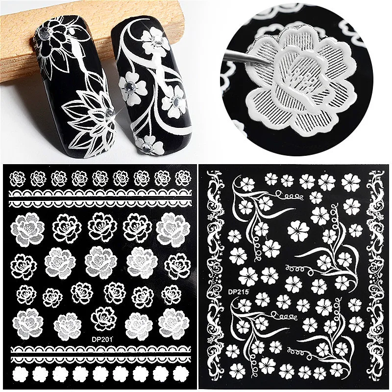 

24 Styles White Flowers Lace 3D Water Transfer Nail Stickers Decals Self Adhesive DIY Charm Design Manicure Nail Art Decorations