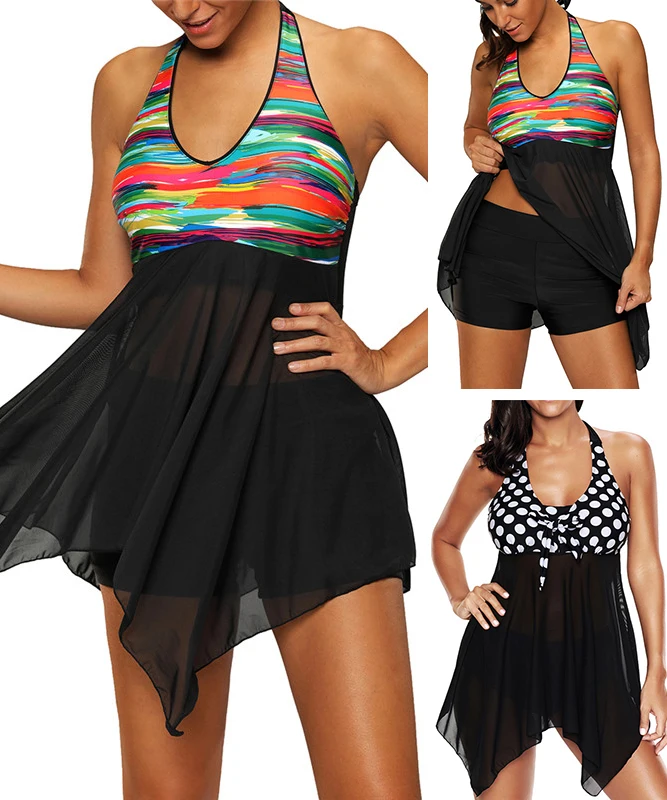 2017 Sexy Women Two-Piece Suits Dress Top and Trunks Bottom Plus size M~5XL Contrast Color Tankini Swimwear Skirt Bathing suit contrast binding slit hem printed skirt