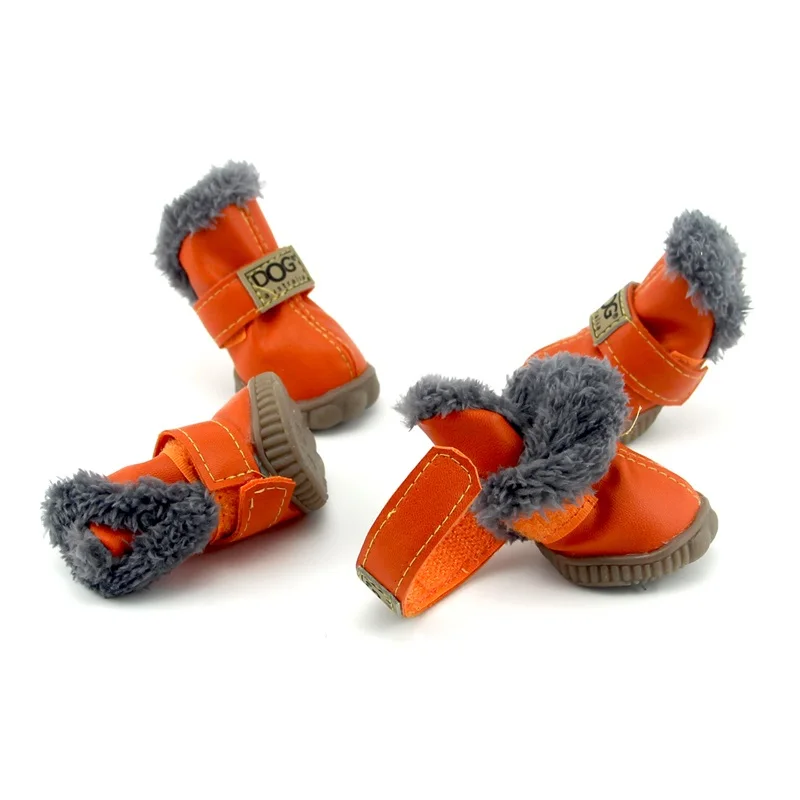 Обувь для собак из искусственной кожи; зимние теплые ботинки для щенков и собак; зимние ботинки из толстого флиса; нескользящая водонепроницаемая обувь; Размеры S 2XL; обувь для маленьких питомцев - Цвет: Orange Boots Dog