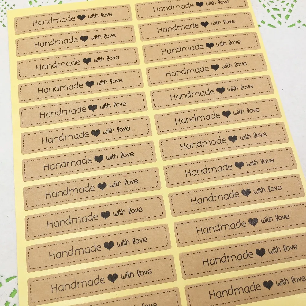 

500Pcs Hand Made Kraft Paper Cardboard Long Strip Shape Handmade With Love Print for Envelope Note Bag Gift Sealing Stickers