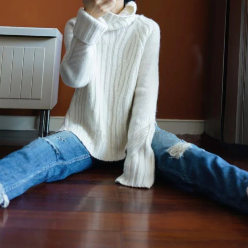 BELIARST осенние и зимние толстые пуловеры с высоким воротником женские свободные и легкие кашемировые вязаные свитера с рукавами летучая мышь - Цвет: Белый