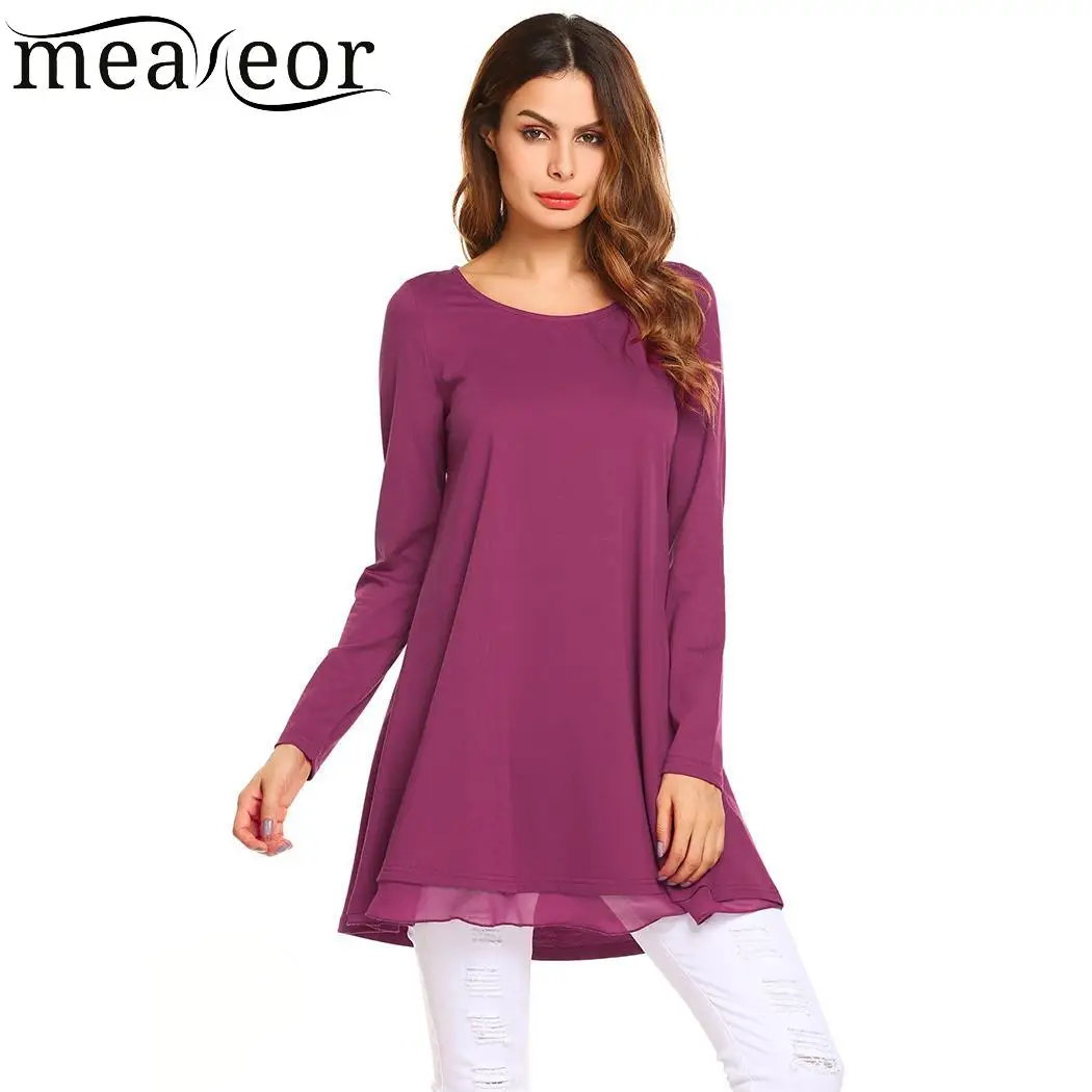 Meaneor Solid Female T Shirt Casual Long Sleeve Women T