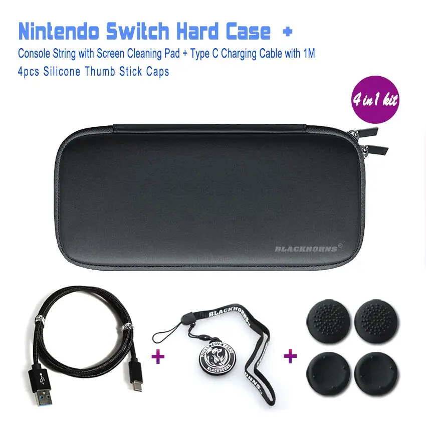 

NS Accessories, Portable Hard Bag + USB Type C Charging Cable 1M + Hand Strip + Thumb Stick Caps for Nintendo Switch Console