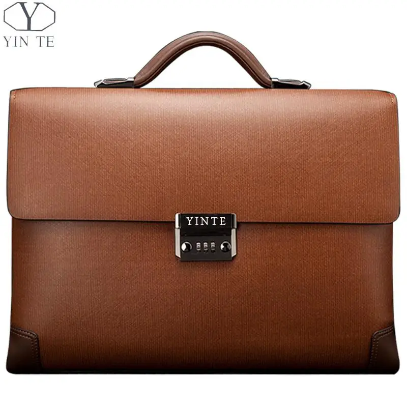 

YINTE Leather Men's Briefcase Classic Business Brown Bag Lawyer Office Document Messenger Shoulder Totes Case Portfolio T8369-8