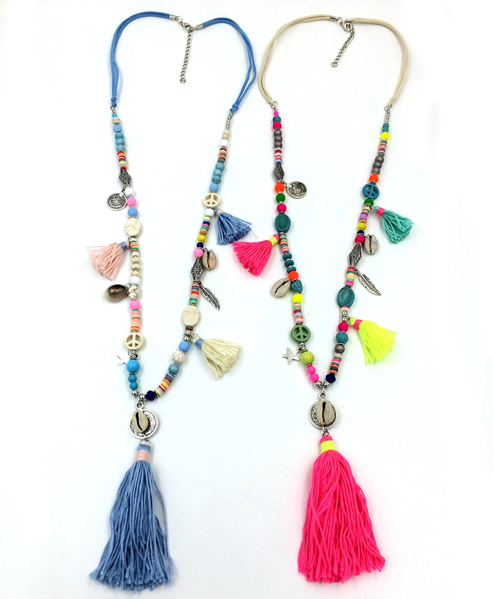2017 new handmade tessal pendents summer necklace boho Bohemiam long statement Necklaces  rainbow colorful beads chain necklace