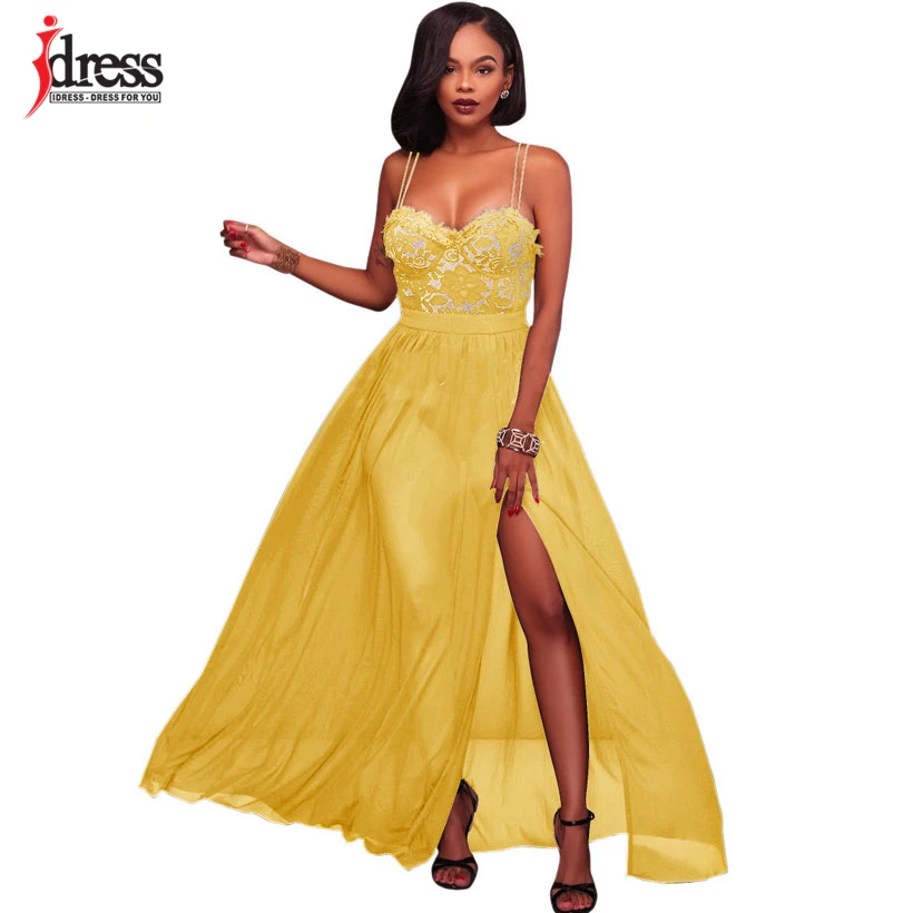 IDress 2017 Spaghetti Strap Black Lace Dress Women Party Elegant Floral Lace Chiffon Dress Floor Length Split Women Long Dress (5)