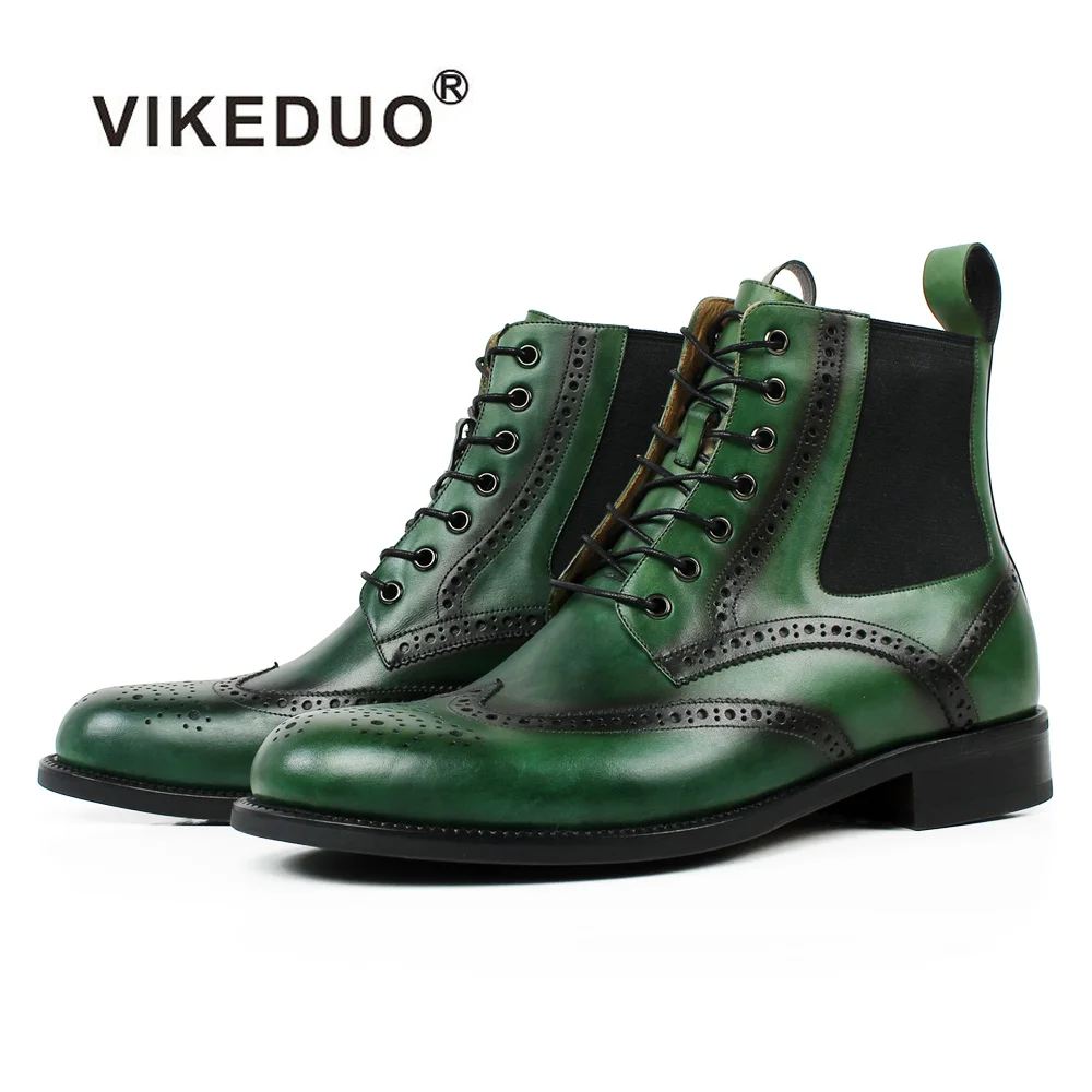 VIKEDUO зеленая патина шнуровка полный Броги из натуральной коровьей кожи