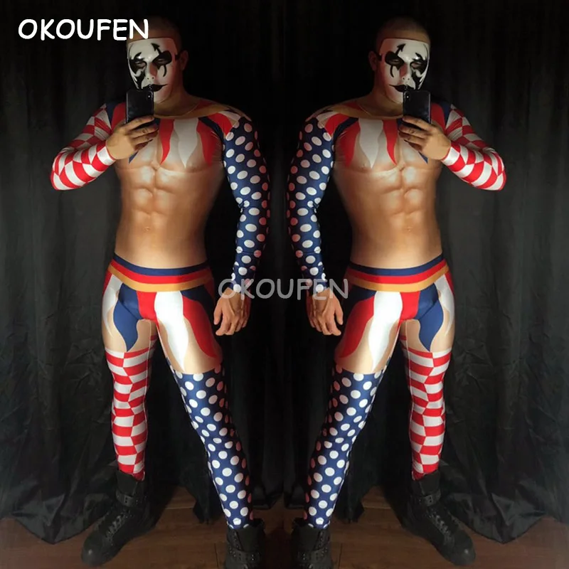 

Bar nightclub male singer DS 3D fake muscle abdominal muscles clown stitching theme party costume