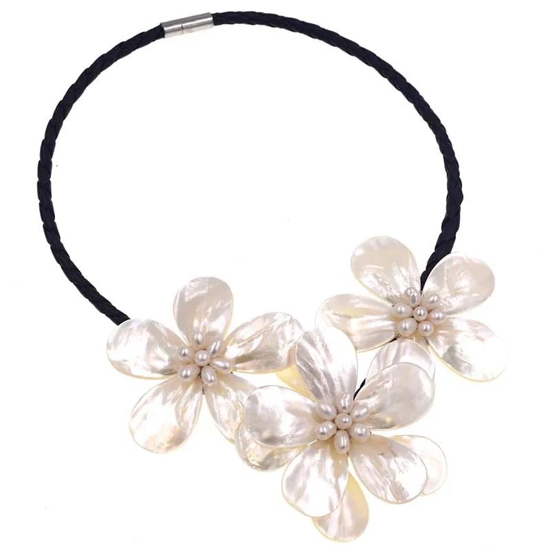 LJHMY Кристальные бусины, Пресноводный Жемчуг, белая Морская раковина, цветочное ожерелье для женщин, массивное ожерелье, колье для свадебной вечеринки - Окраска металла: 3 FLOWER LEATHER