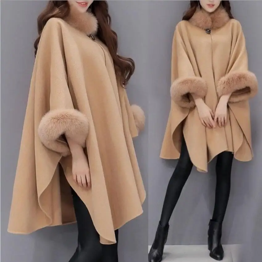 

2018 winter new Korean fox fur collar batwing long sleeve cloak ponchos cape coats temperament cloak shawl coat female