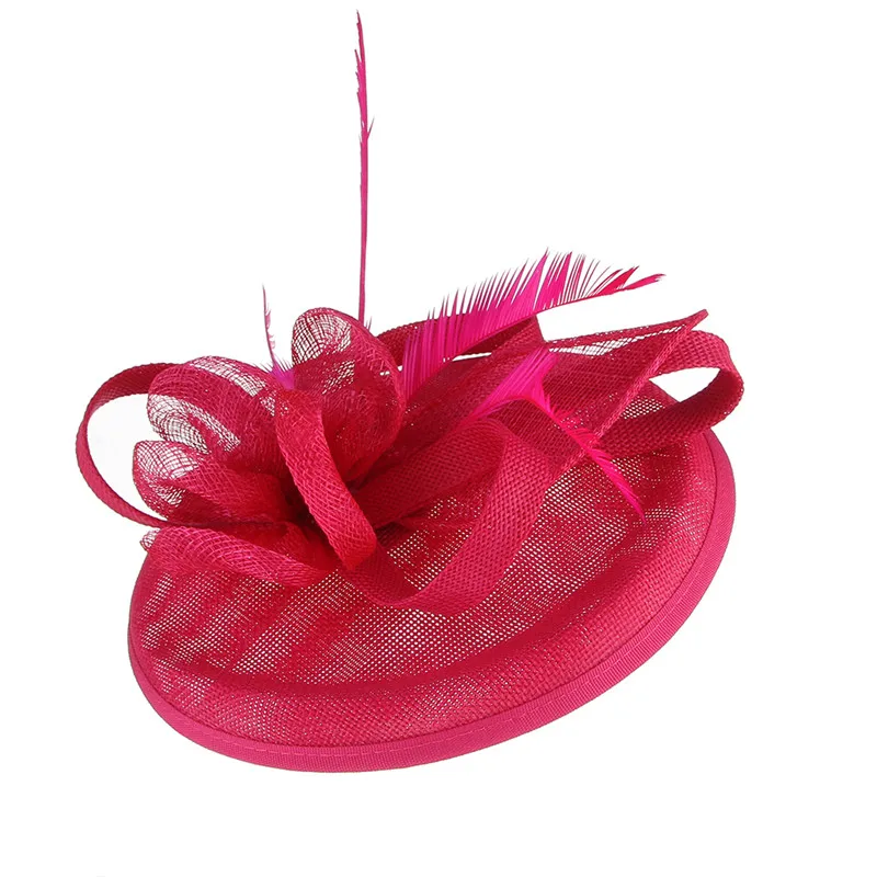 GEMVIE Розовый Свадебный праздник сетка Sinamay Вуалетка шляпа для женщин перо цветок вечерние церкви чай Дерби Fedora Pillbox шляпы - Цвет: Rose Red