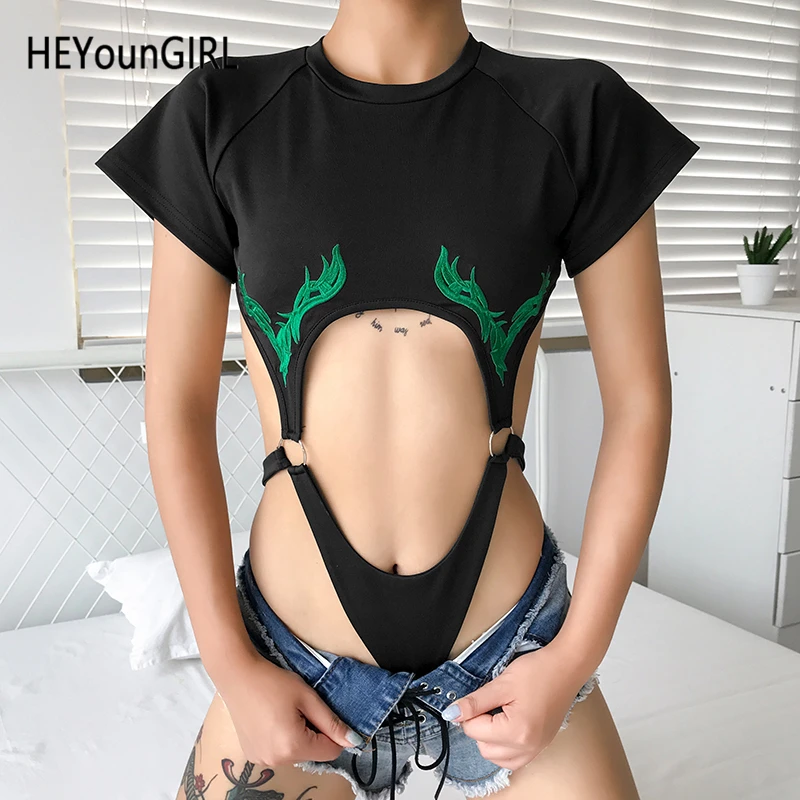 HEYounGIRL Cut Out Black Sexy Body Women Embroidery Short Sleeve Backless Bodysuit Summer Bodycon Jumpsuit Ladies Party Club HEYounGIRL Cut Out Black Sexy Body Women Embroidery Short Sleeve Backless Bodysuit Summer Bodycon Jumpsuit Ladies Party Club