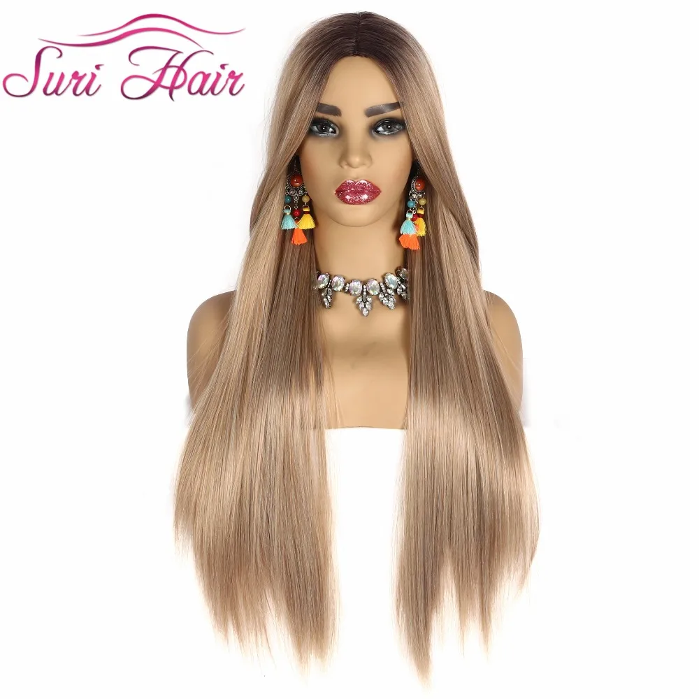 Цена Сури Волосы Длинные прямые парик Золотой Блонд Омбре черный корень синтетические парики для женщин Косплей волосы Бесплатная доставка Тер...