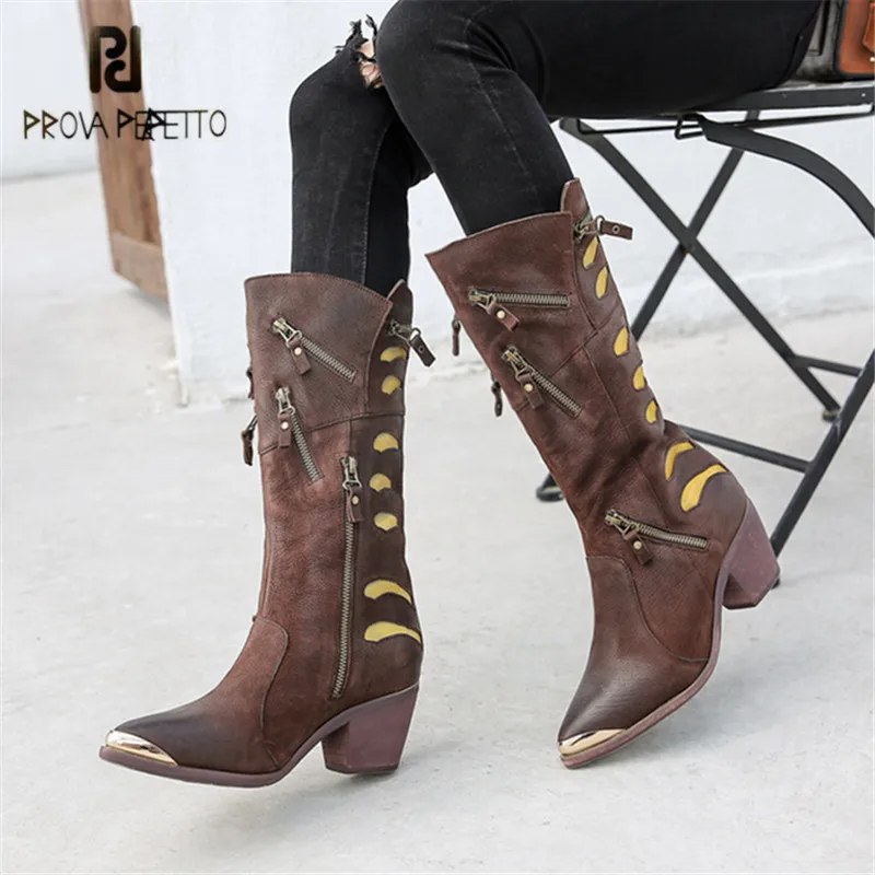 

Prova Perfetto Pointed Toe Women High Boots Chunky High Heel Boot Zipper Decor Botas Mujer Platform Rubber Shoes Riding Boots