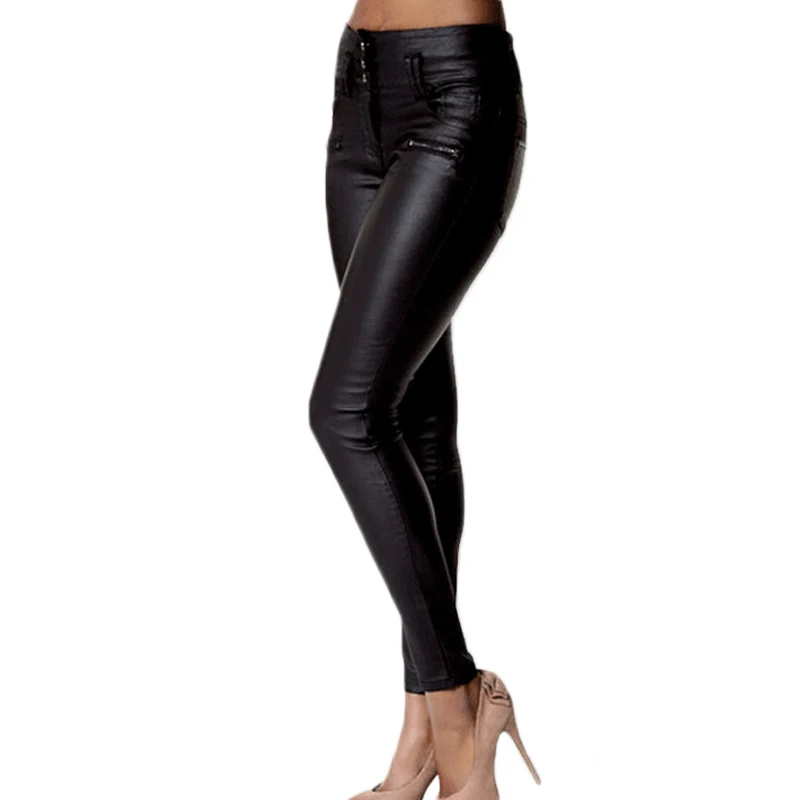 Панк искусственная кожа на молнии женские брюки с высокой талией штаны элегантная женская обувь; Большие размеры 33–41 тонкие черные повседневные женские брюки уличная одежда большого размера
