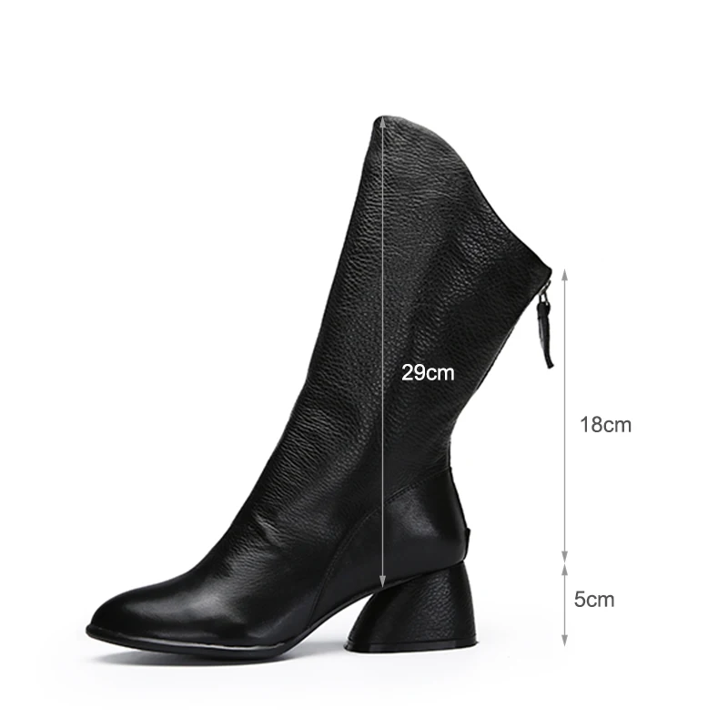 Модные черные ботинки до середины икры женская обувь женские мягкие ботинки из натуральной кожи на толстом каблуке Женская обувь ручной работы