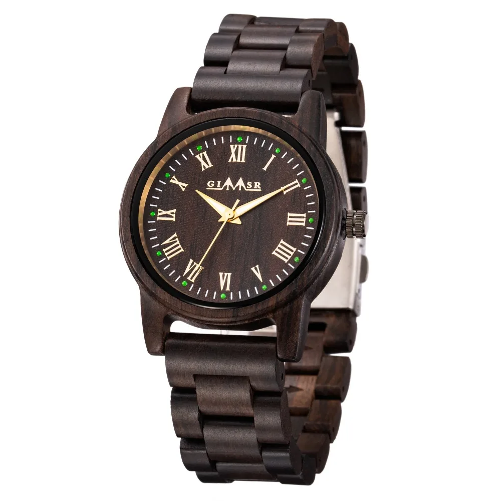

2019 GIMSR Brand Casual WR33 Mens Wood Watch Full Ebony Wooden Quartz Watches Japan 2035 Miyota Movement Wood Band Watch for Men