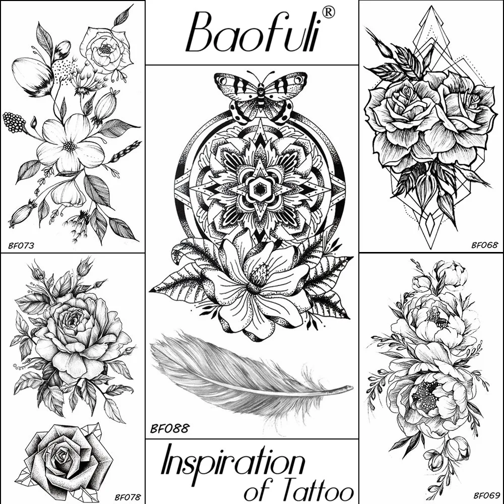 Us 047 26 Offbaofuli Sexy Feather Black Rose Tattoo Fake Flower Butterfly Temporary Tattoos Sticker Sketch Floral Body Art Tatoo Women Leave In