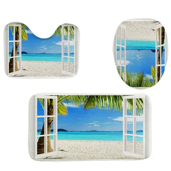 

4Pcs Home Bathroom Decor Set Scenery By The Sea Pattern Toilet Seat Cover Bath Mat Set+Waterproof Shower Curtain