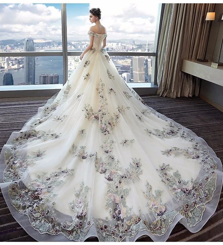 Vestido de Noiva 2018 аппликации кружево Королевский поезд свадебное платье плюс размеры роскошный жемчуг Цветы Милая бальное