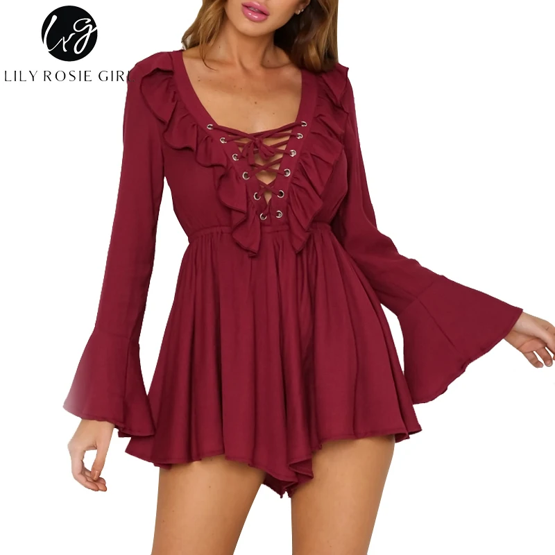 

Lily Rosie Girl Lace Up Deep V Sexy Women Playsuits Jumpsuit Backless Ruffles Neck Long Sleeve Summer 2018 Women Chiffon Rompers