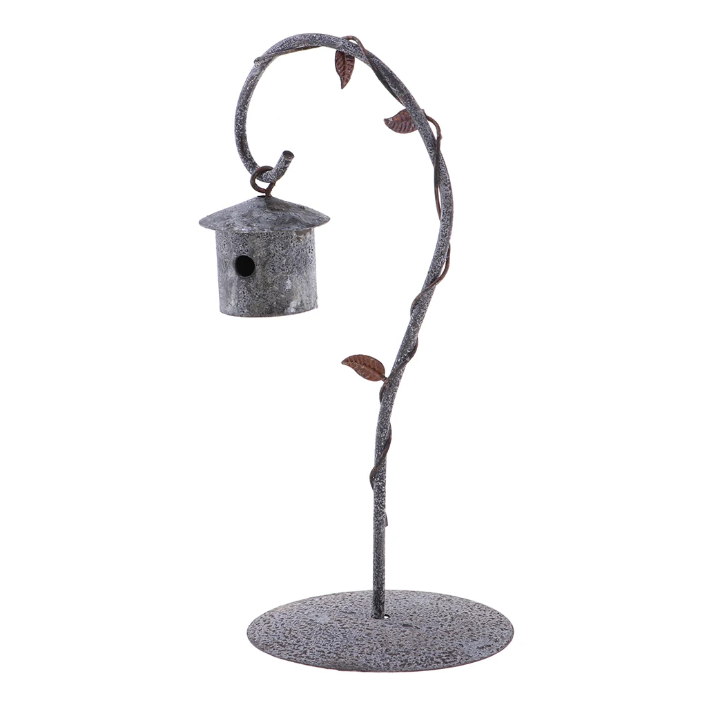 1/12 Dollhouse Faded Metal Birdcage Mini Bird House Craft with Holder Fairy Garden Decoration Doll House Garden Accessories
