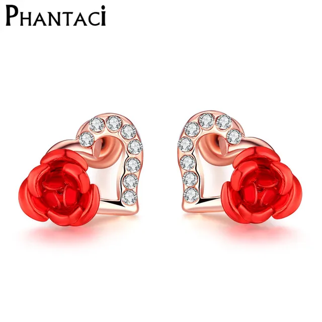 Fashion Heart Stud Earrings Crystal Rose Gold Red Flower Geometric Fashion Heart Stud Earrings Crystal Rose Gold Red Flower Geometric Rhinestone Cute Party For Women