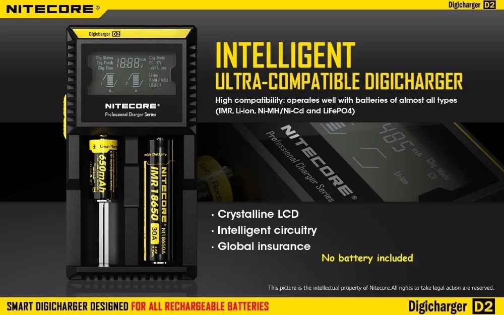 Nitecore D2 Зарядное устройство с ЖК-дисплей Дисплей универсальное автомобильное зарядное устройство с Батарея Зарядное устройство автомобиля для 18650 батареи li-ion/LiFePO4/никель-металл-гидридный/никель-кадмиевый