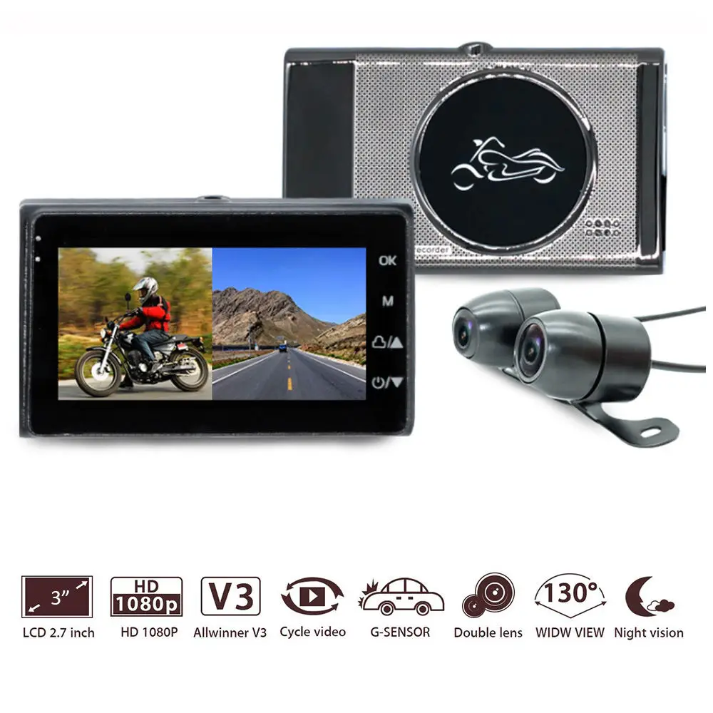 

Night Vision 3.0" 1080P+720P Front and Rear Motorbike Camera Motorcycle Waterproof Dual Lens Video Recorder