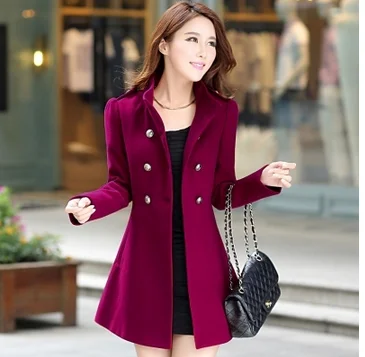 Fitaylor, Женское шерстяное пальто, зимняя куртка, Женская винтажная двубортная тонкая шерстяная длинная куртка размера плюс, женская одежда, верхняя одежда - Цвет: Burgundy