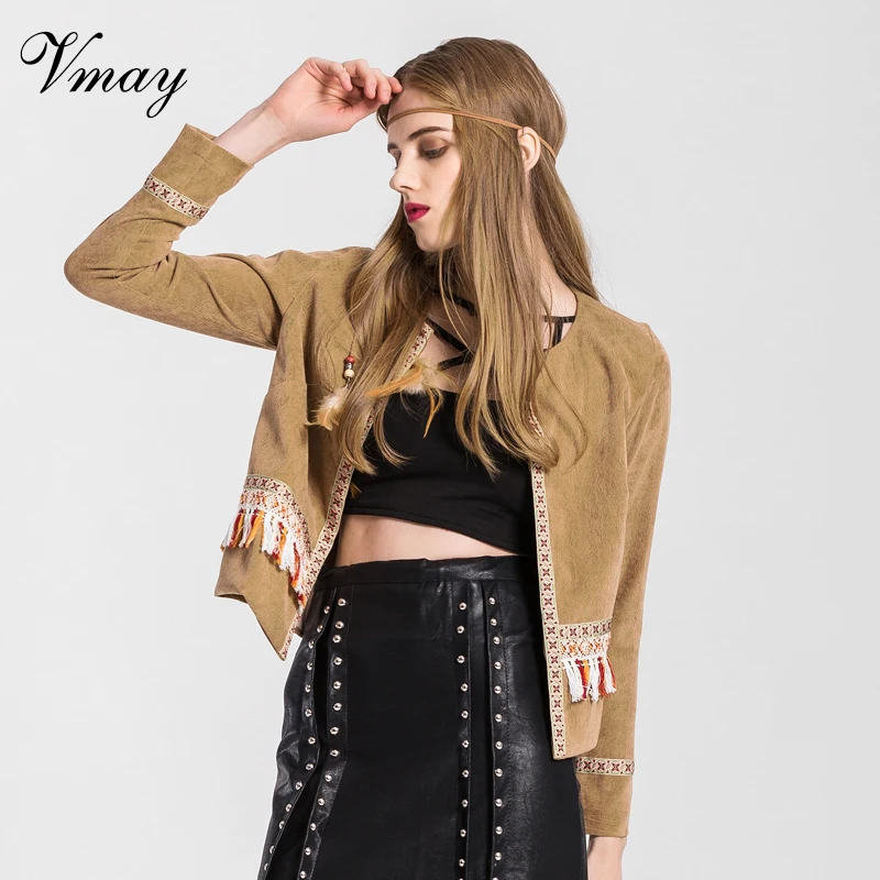 Vmay Для женщин богемный Винтаж куртки 2018 Новое поступление Boho Стиль кисточкой