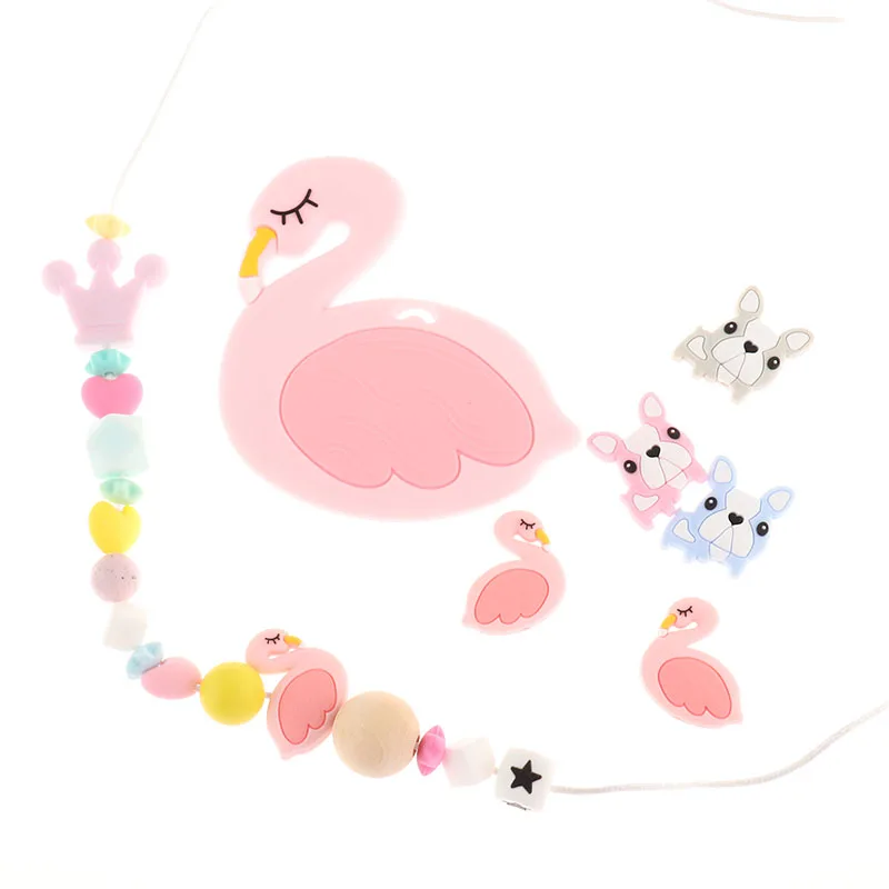 FKISBOX 20PCS 실리콘 Teething 구슬 백조 Chewable  Teether 목걸이 구슬 플라밍고 DIy Pacifier 체인 Cuentas Silicona