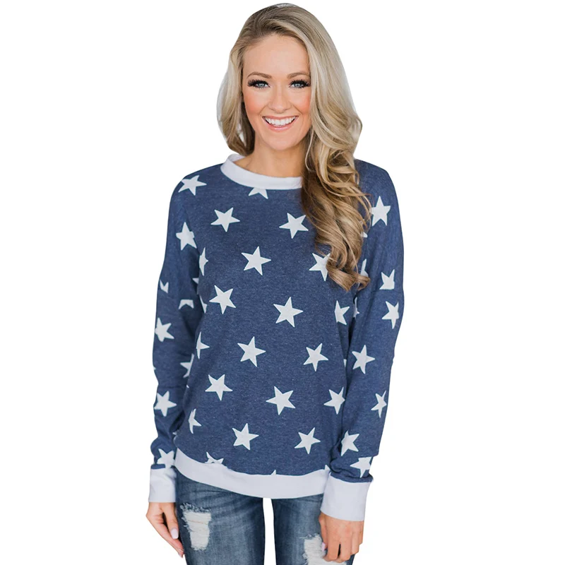 

2018 New Arrival Women Autumn Casual Navy Red O-Neck Pullovers Comfortable All Over Star Regular Sweatshirt