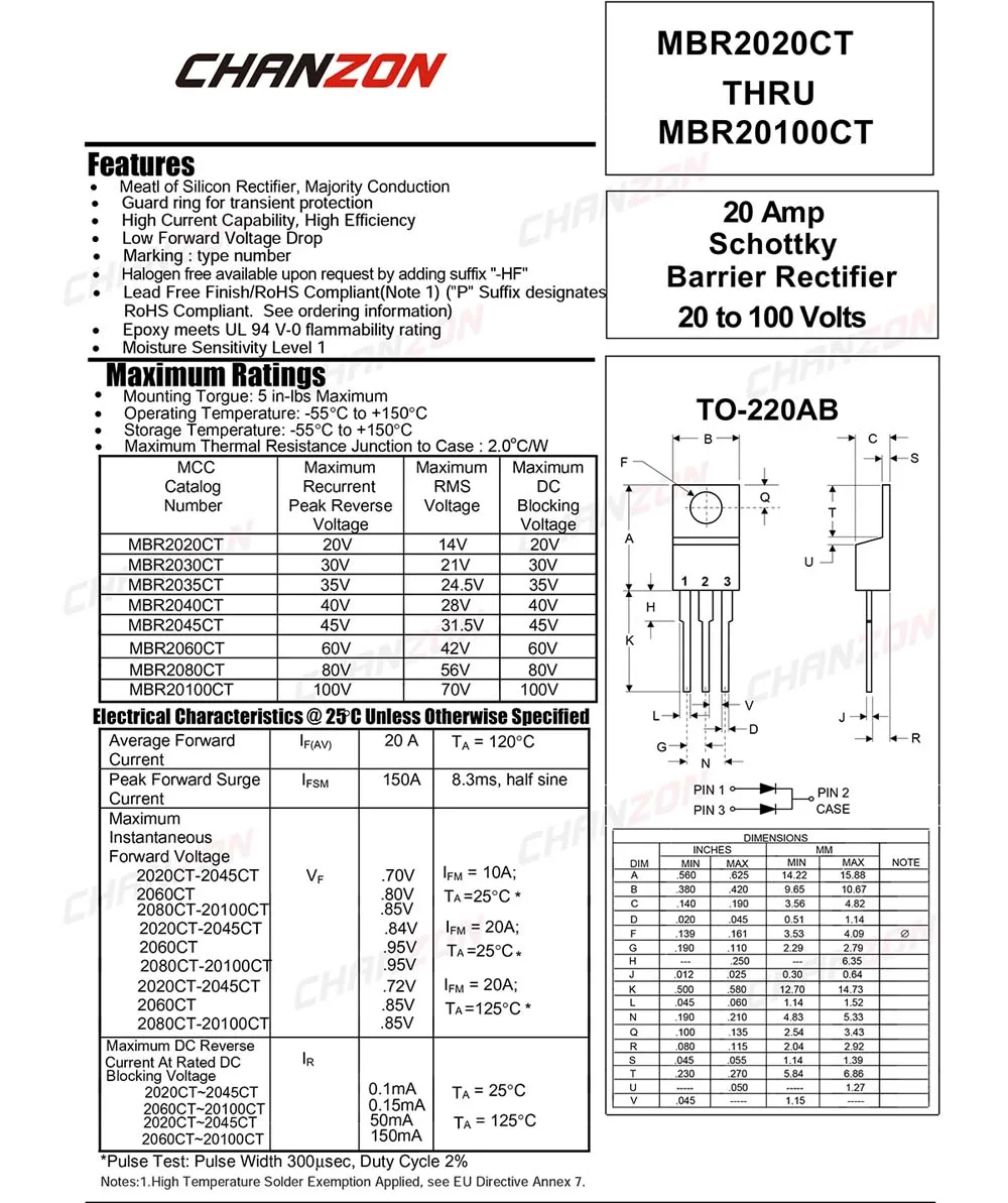 (10 шт.) Chanzon MBR2045CT Schottky барьер выпрямитель диоды 20A 45 V TO 220AB (TO 220) 20 Ампер вольт|rectifier