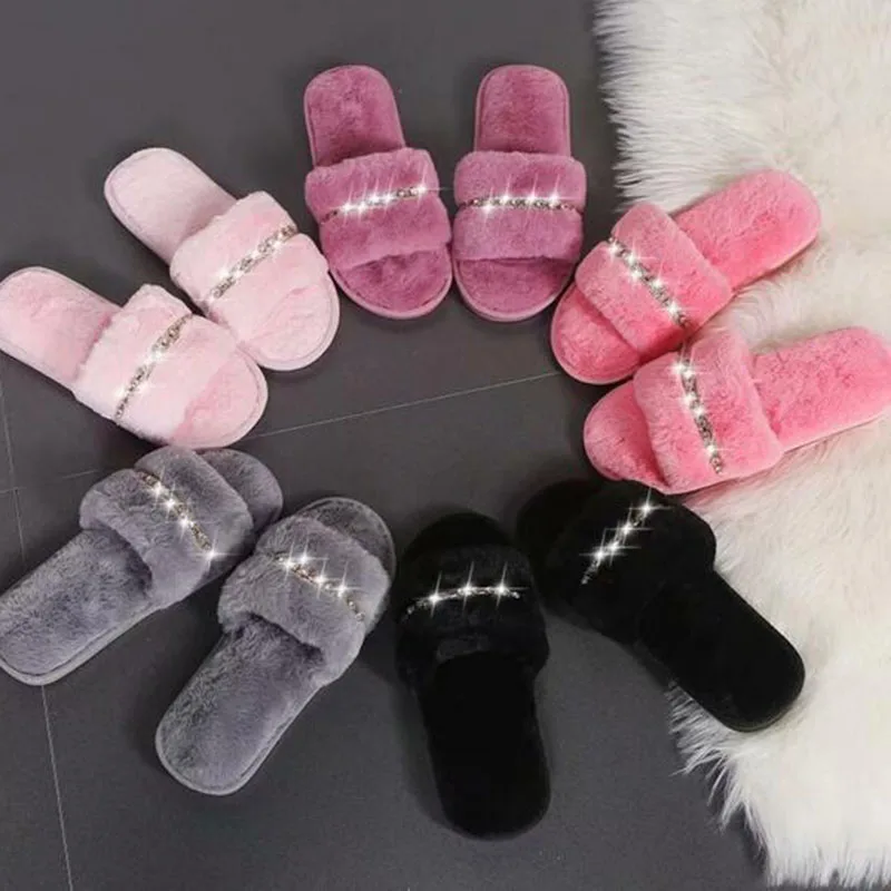

Women Fashion Ladies Crystal Chain Design Slippers Shoes Breathable Non-slip Wear-resisting Short Plush Open Toe Slippers