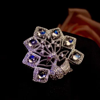 

Blue Moonstone brooch Free shipping Natural real Blue Moonstone 925 sterling silver brooch 4*4mm 7pcs gemstone