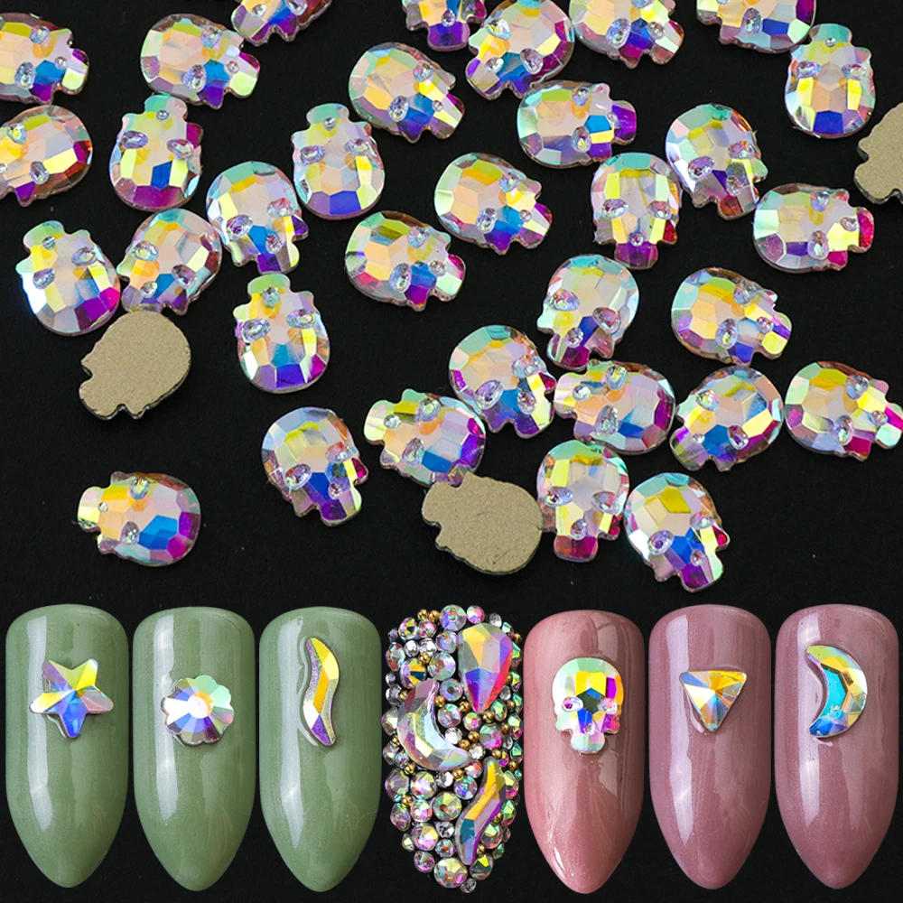 

10pcs/lot Crystal AB Glitter Rhinestones Flat Skull Bone/Flower Fashion Jewelry Charms Nail Art Decoration Manicure Tips TR093