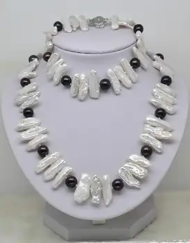 

Noble Natural Biwa pearl with black pearl necklace 18"+ bracelet 7.5" AAA