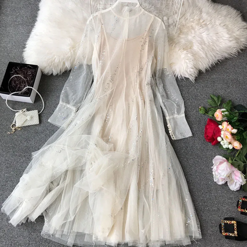 

Sweet Princess Dress Spring Summer 2019 New Fairy Two-piece Slimming Sequin Mesh Woman Midi Dresses Vestidos