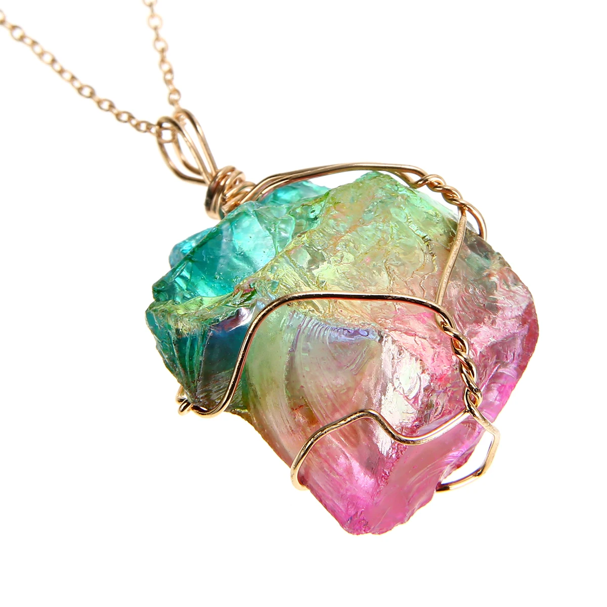Punk Charms Unisex Rainbow Colorful Stone Pendant Necklace Crystal Rock Gold Color Fashion Chain Chic Unique Bohemian Jewelry