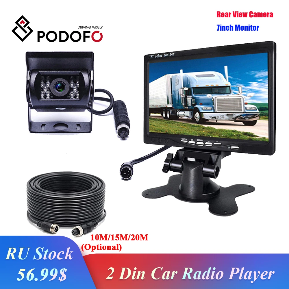 

Podofo Vehicle Backup Reverse Camera 4-pin Connector IR Night Vision 7" LCD Color TFT Rear View Monitor for Bus Truck RV Trailer