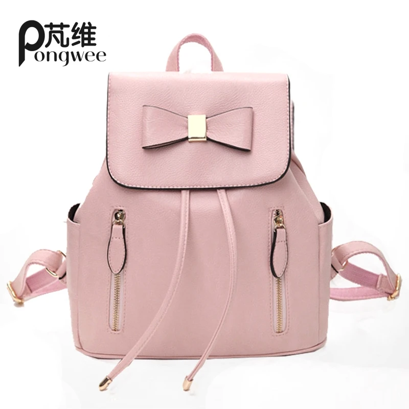 

PONGWEE 2017 Girl Schoolbag Travel Bag Solid Candy Pink Waterproof Backpack Women Leather Backpack Bolsas Mochila Feminina Large