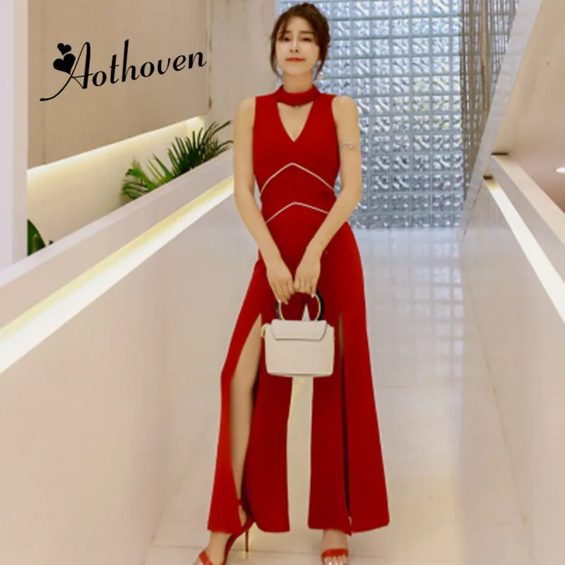 

Summer Office Red Stand-up Collar Hollow Out Sleeveless Jumpsuit Women Long Pants Trousers Sexy Lady Bodysuit Catsuit Overall