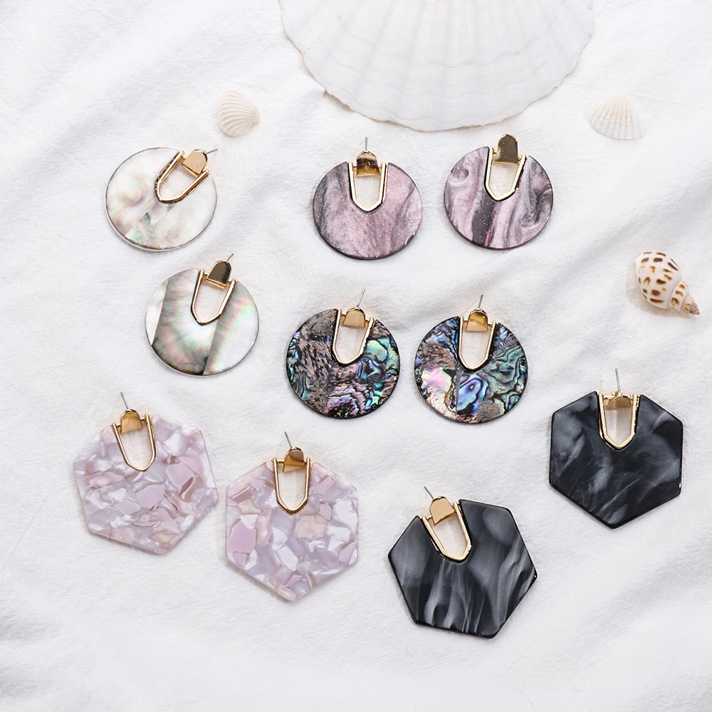 

Colorful Resin Acrylic Round Dangle Earrings for Women Unique Design U Shape Statement abalone shell Earrings Wedding Jewelry