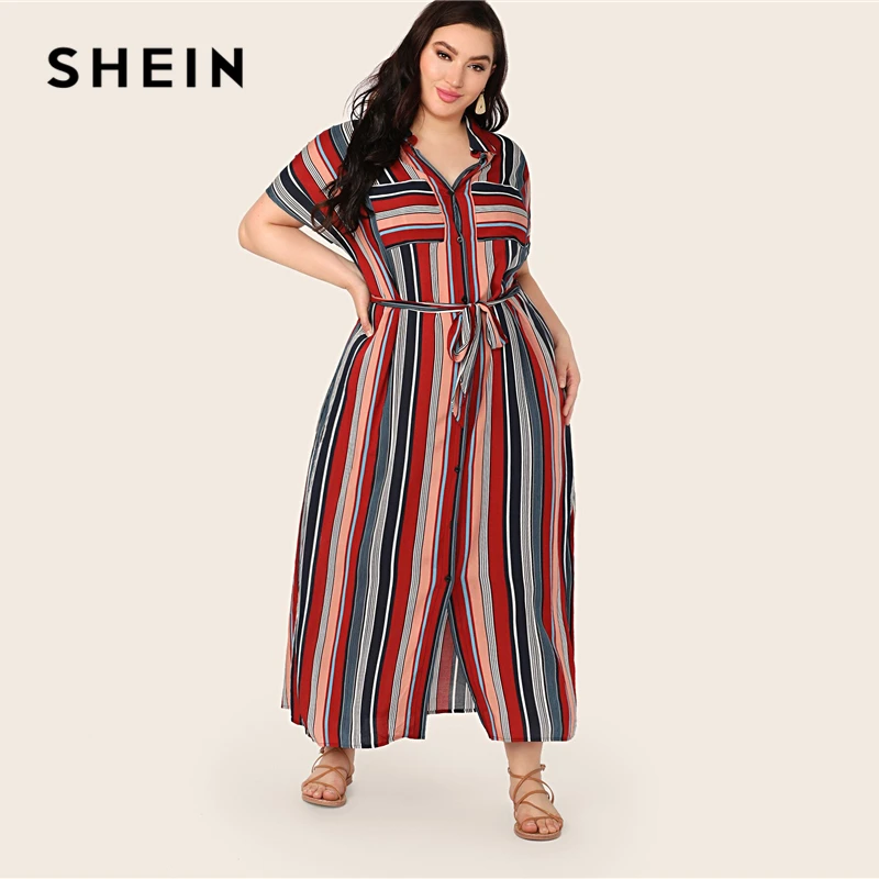 SHEIN, платье-рубашка в полоску с разноцветными карманами и заплатками размера плюс,, женские летние повседневные длинные платья на пуговицах с воротником и разрезом