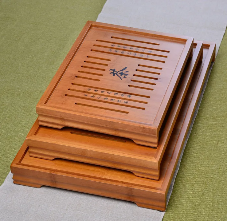 Hot Sale 3 Size Kung Fu Tea Set Natural Wood Bamboo Tea Tray Rectangular Traditional Bamboo Puer Tea Tray Chahai Tea Table