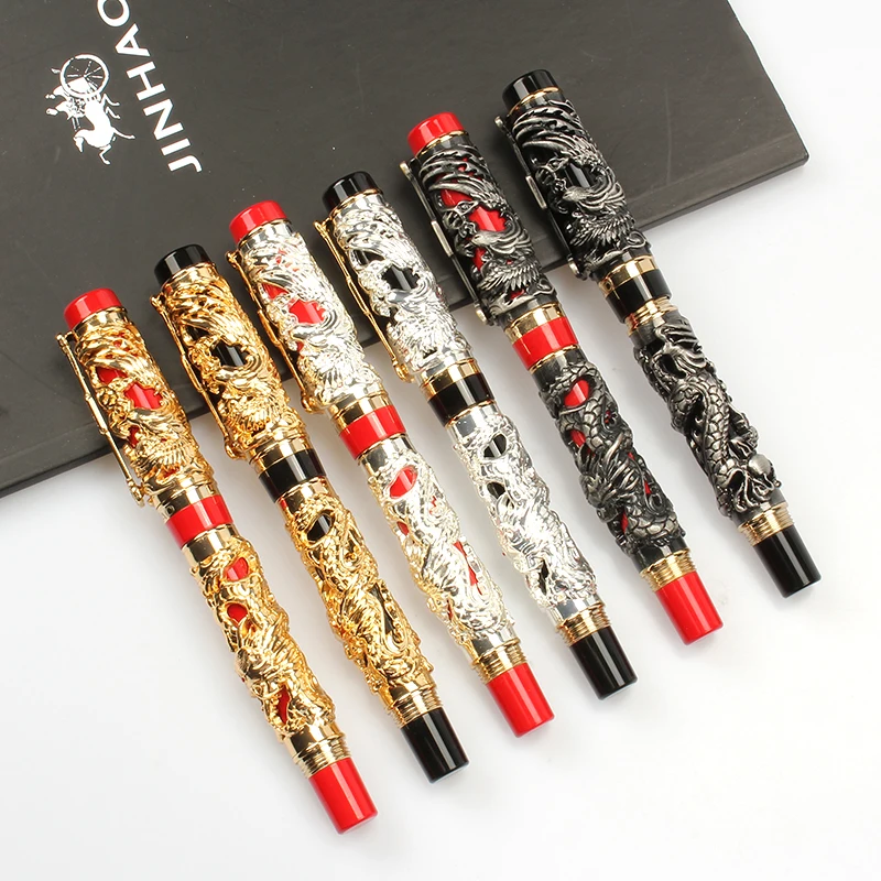 Dragão e Phoenix Canetas de Tinta para Coleção Jinhao Auspicioso Caneta Fonte Médio Nib Luxo Metal Material Escolar Escritório