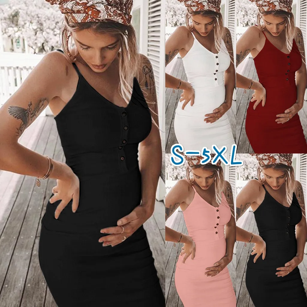 

Women Sleeveless Bandage Pregnancy Maternity Dress Solid Sexy Straps Vest Dress Plus Size Pregnant Mama Knee-length Black Dress